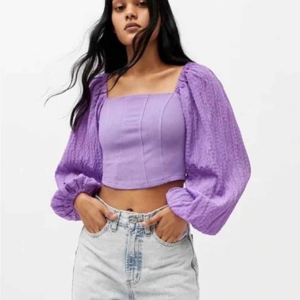 URBAN OUTFITTERS Purple Long Balloon Sleeve Square Neck Crop Top